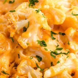 close up shot of a bowl of Cauliflower Mac and Cheese topped with parsley