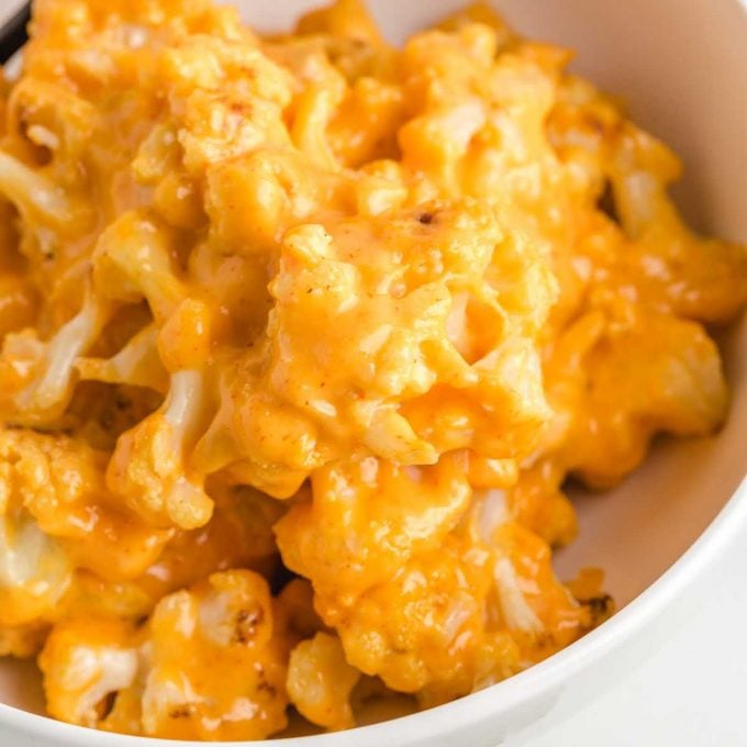 close up shot of a bowl of Cauliflower Mac and Cheese