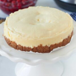 close up shot of a cheesecake on a cake stand