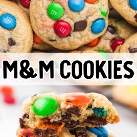 close up overhead shot of a pile of m&m cookies and close up shot of a plate of m&m cookies stacked on top of each other
