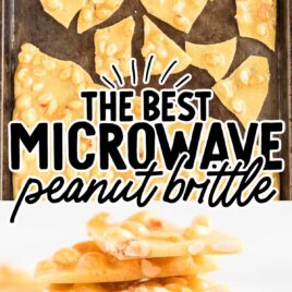 overhead shot of Microwave Peanut Brittle in a baking tray and A close up shot of Microwave Peanut Brittle on a plate stacked on top of each other
