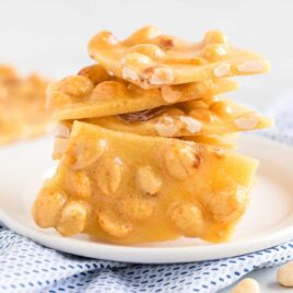 A close up shot of Microwave Peanut Brittle on a plate