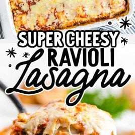 close up overhead shot of Ravioli Lasagna in a baking dish