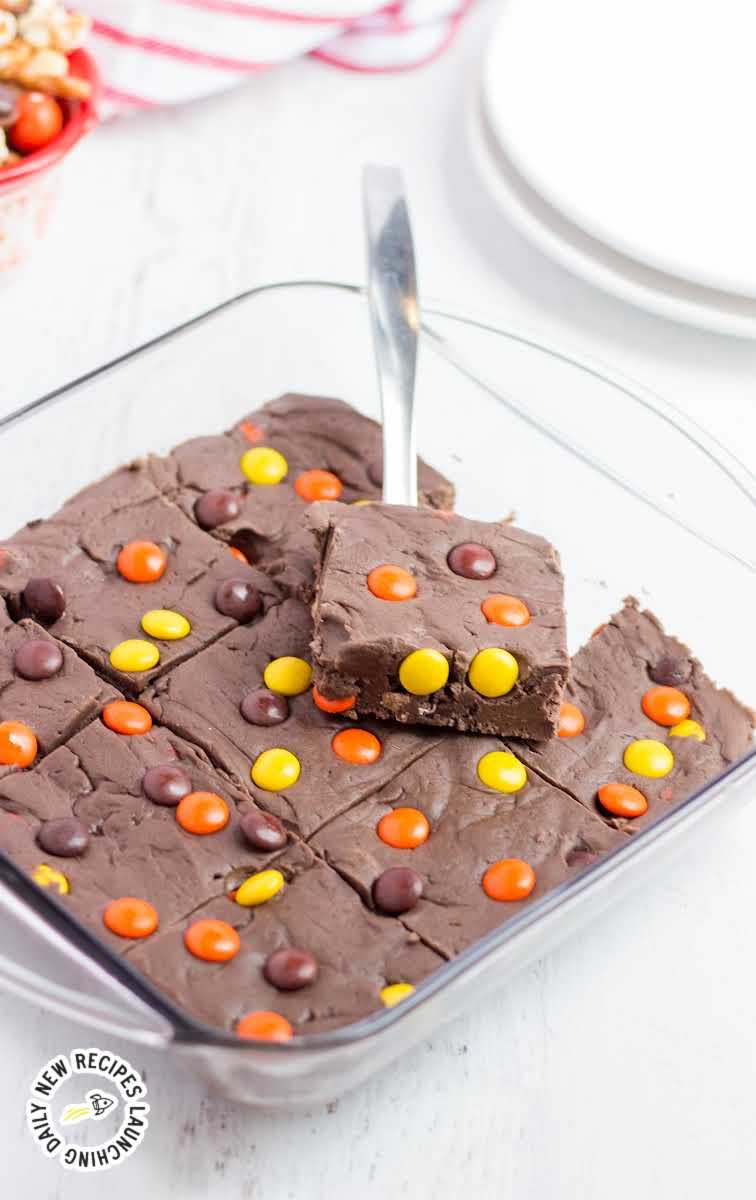 close up shot of Reese's Pieces Fudge in a baking dish