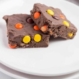 close up shot of a plate of Reese's Pieces Fudge