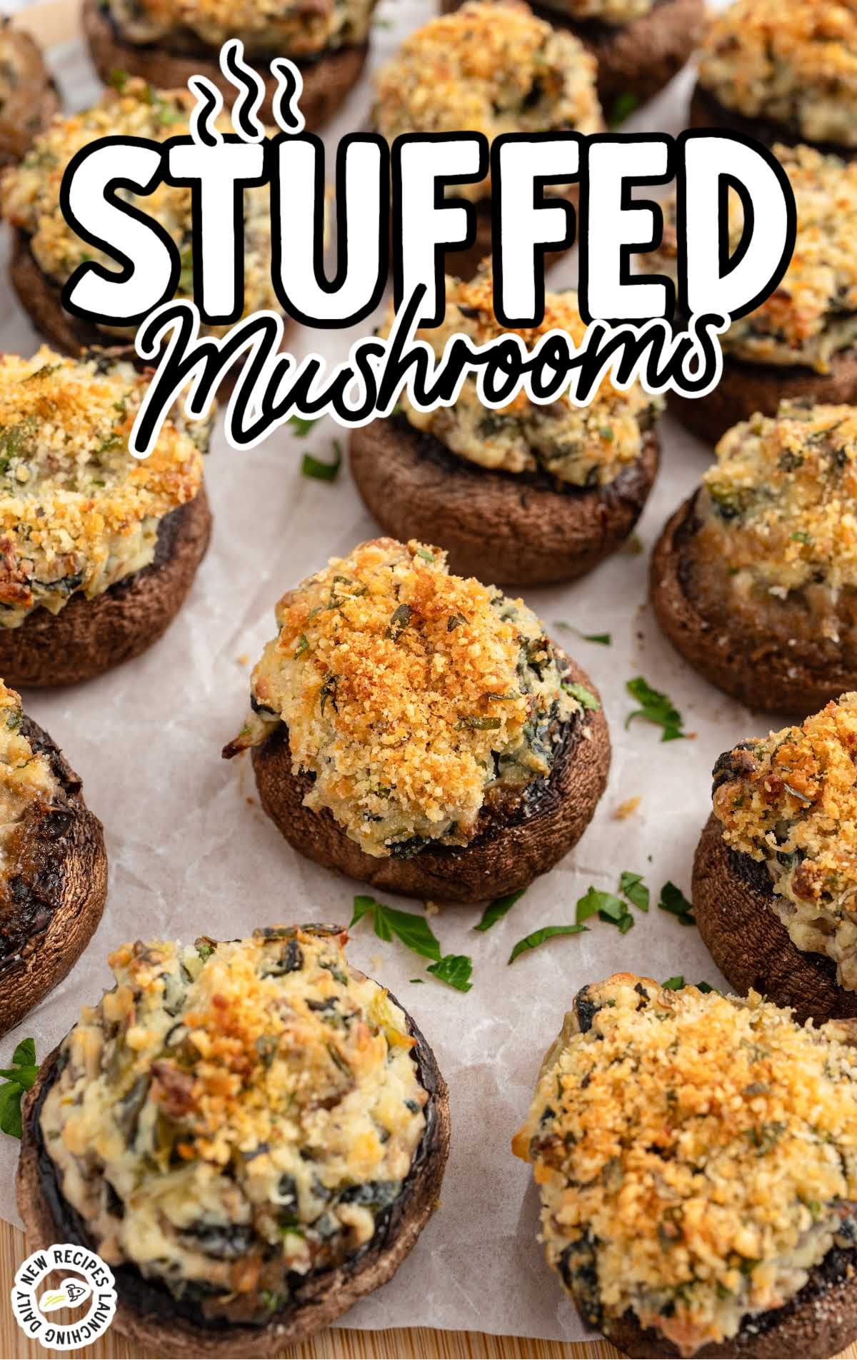 a bunch of Stuffed Mushrooms garnished with parsley