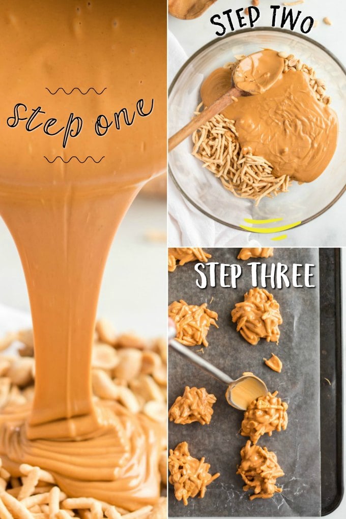 three photos showing how to make butterscotch haystacks