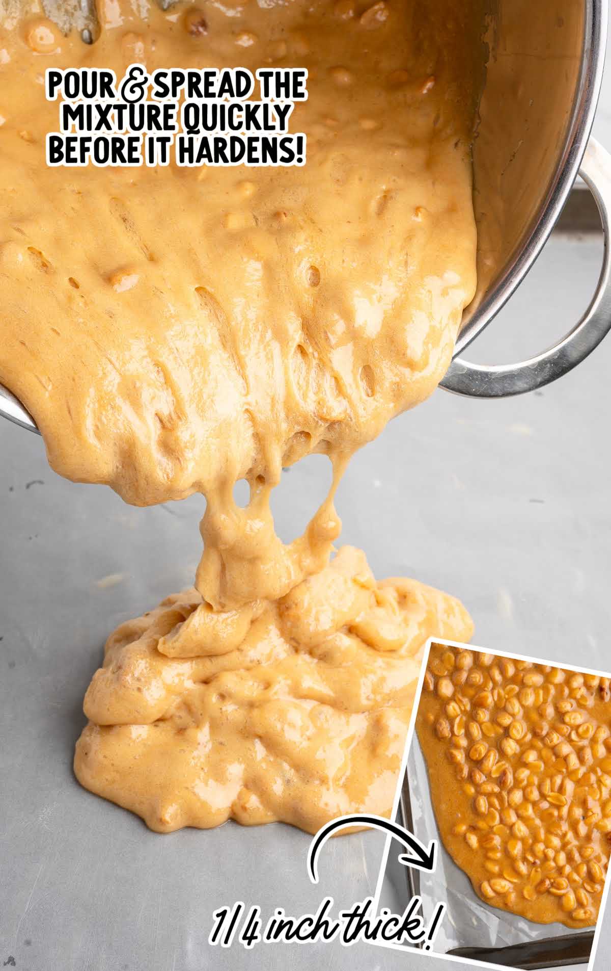 Pouring hot peanut brittle mixture onto a baking sheet to spread ¼ inch thick before hardening