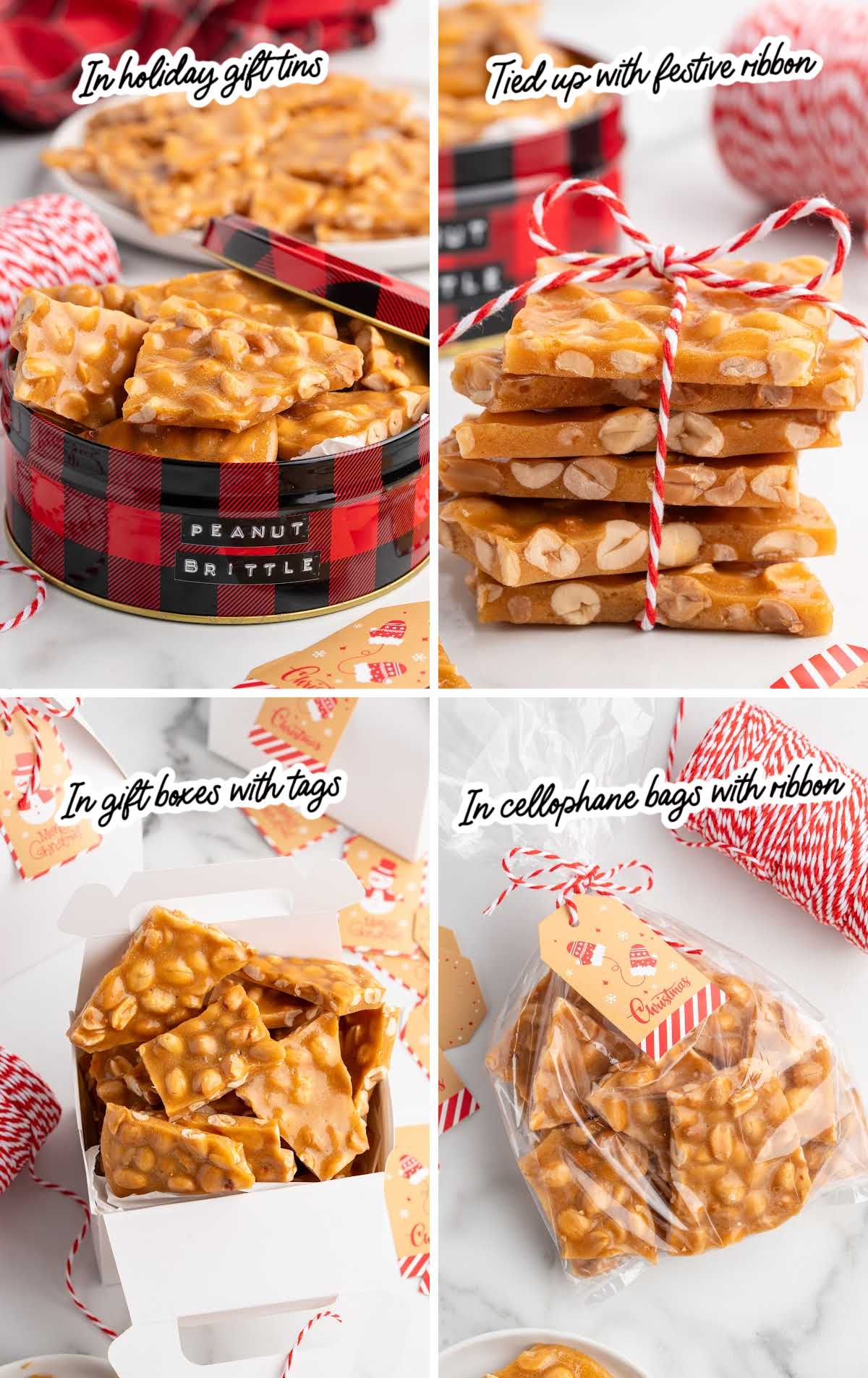 Four holiday gift ideas for peanut brittle: in plaid gift tins, stacked with festive ribbon, in white gift boxes with tags, and in cellophane bags tied with ribbon