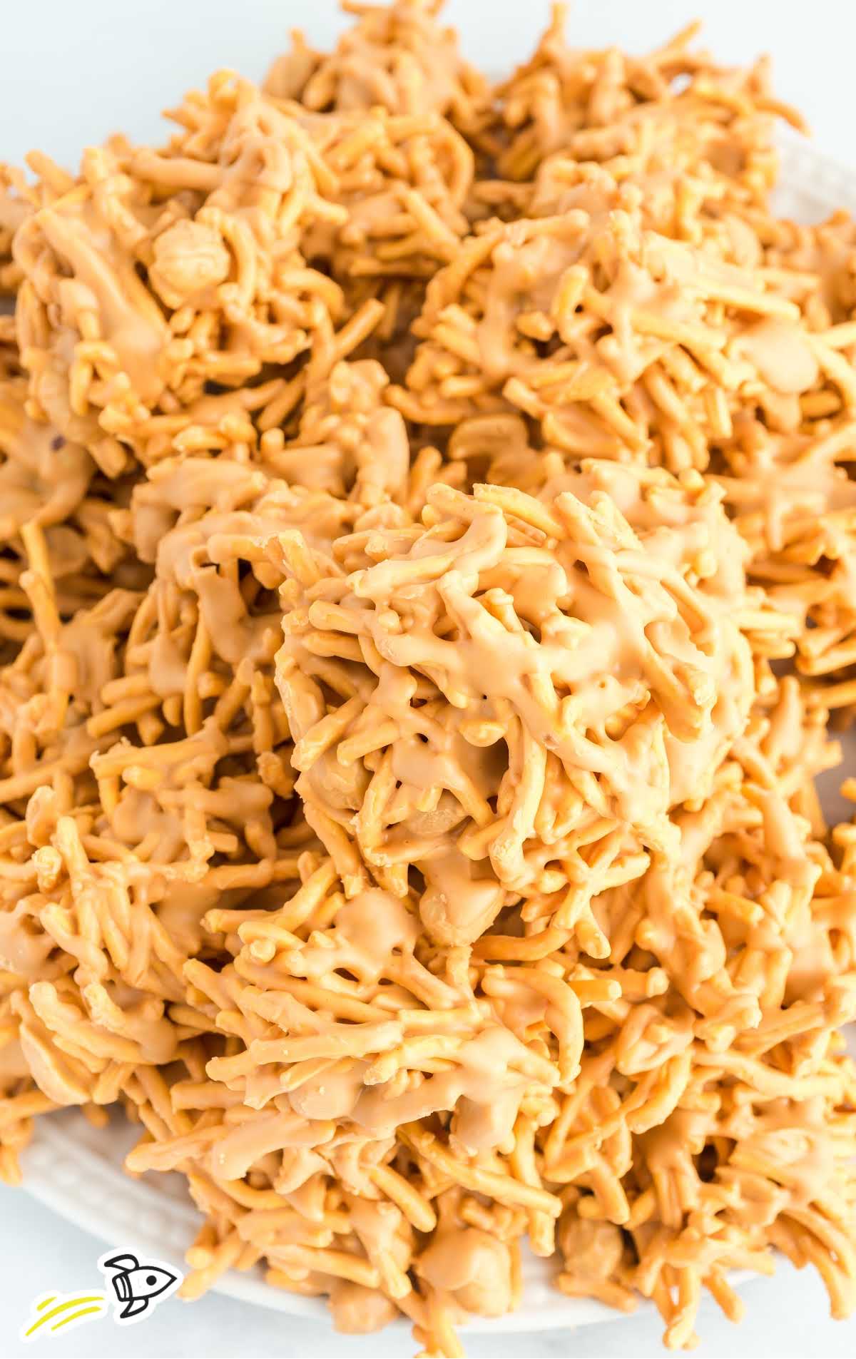 close up overhead shot of a bunch of Butterscotch Haystacks on a plate