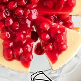 close up overhead shot of Cheesecake topped with a cherry glaze