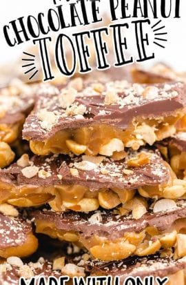 chocolate peanut toffee stacked on top of each other on a plate