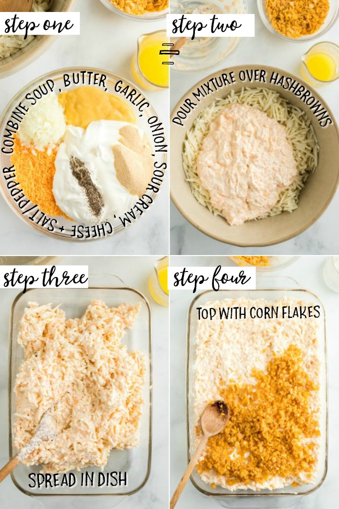 Steps showing how to make cheesy potato casserole
