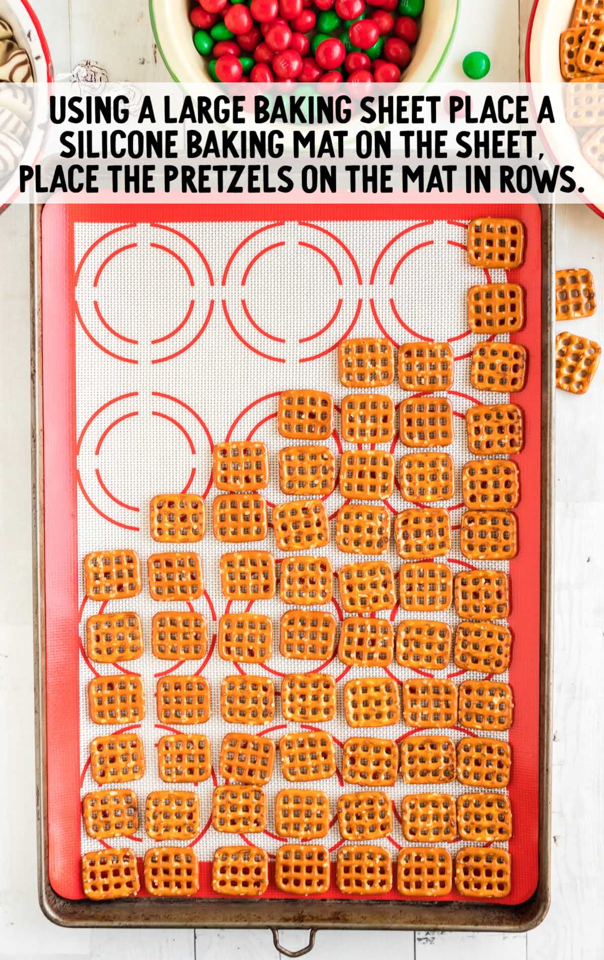 M&M Pretzel Hugs process shot of pretzels placed on a baking mat