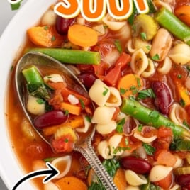 Pinterest image labeled “The Best Minestrone Soup – Olive Garden Copycat!” showing a spoon in a bowl of vibrant vegetable soup.