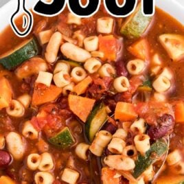 close up overhead shot of a bowl of Minestrone Soup with a spoon