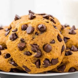 close up shot of a plate of Pumpkin Chocolate Chip Cookies
