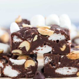 a close up shot of Rocky Road Fudges stacked on top of each other
