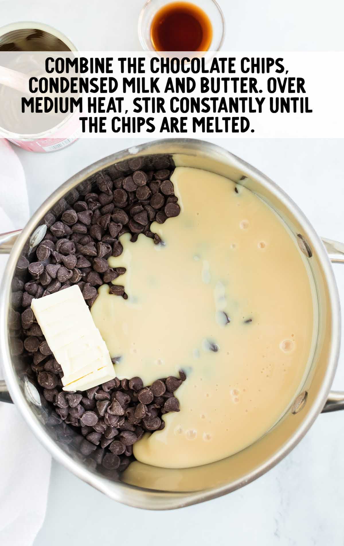 chocolate chips, milk, and butter combined