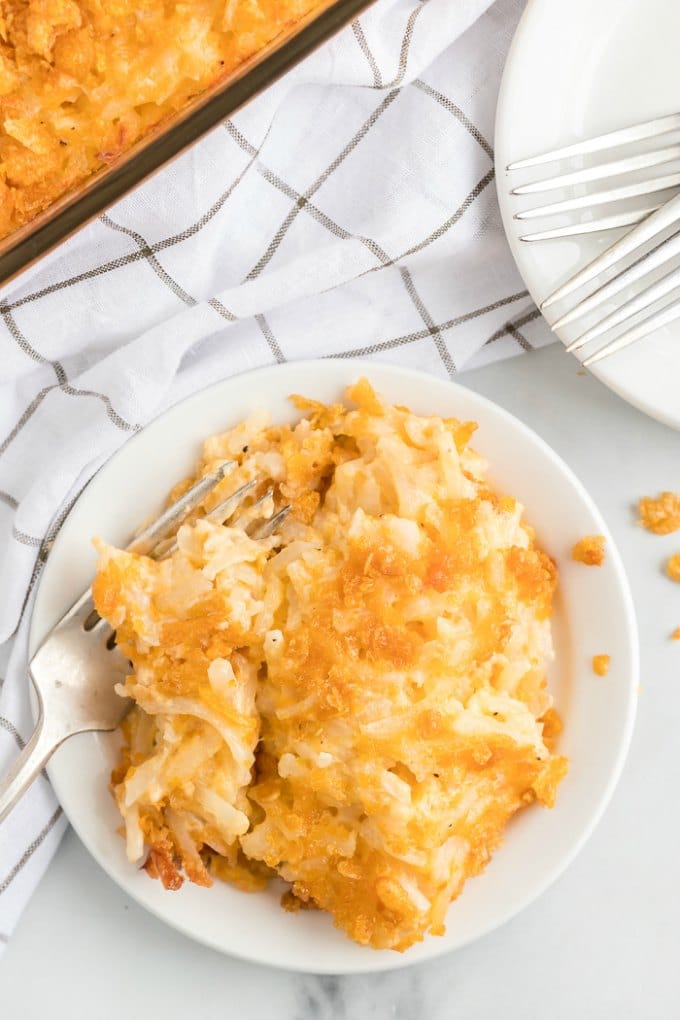 plate full of cheesy potato casserole