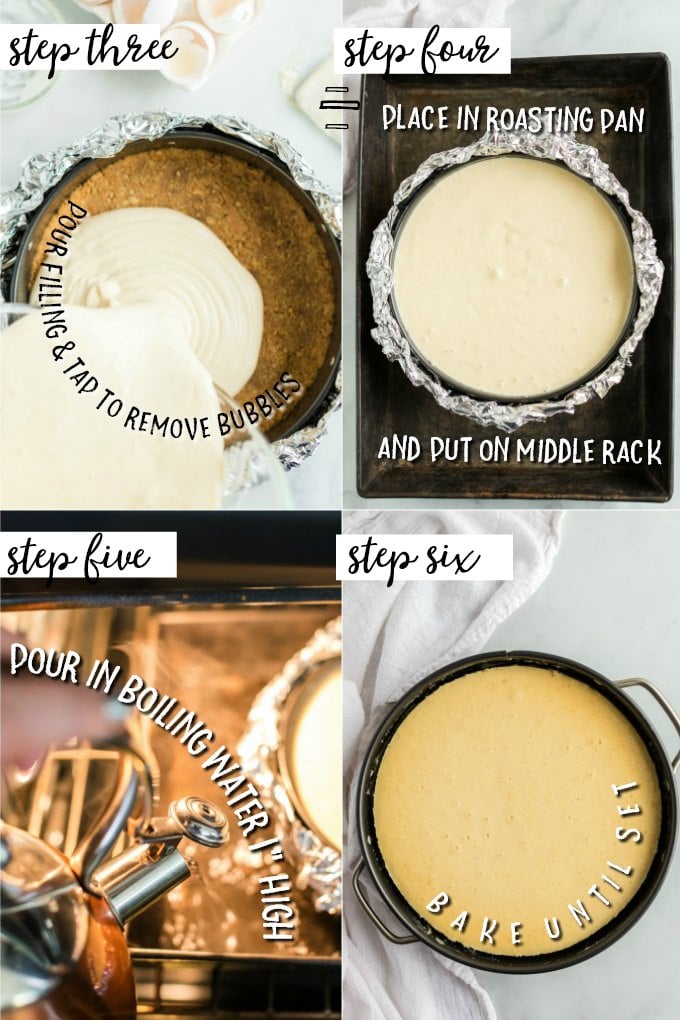 Steps showing how to bake a cheesecake