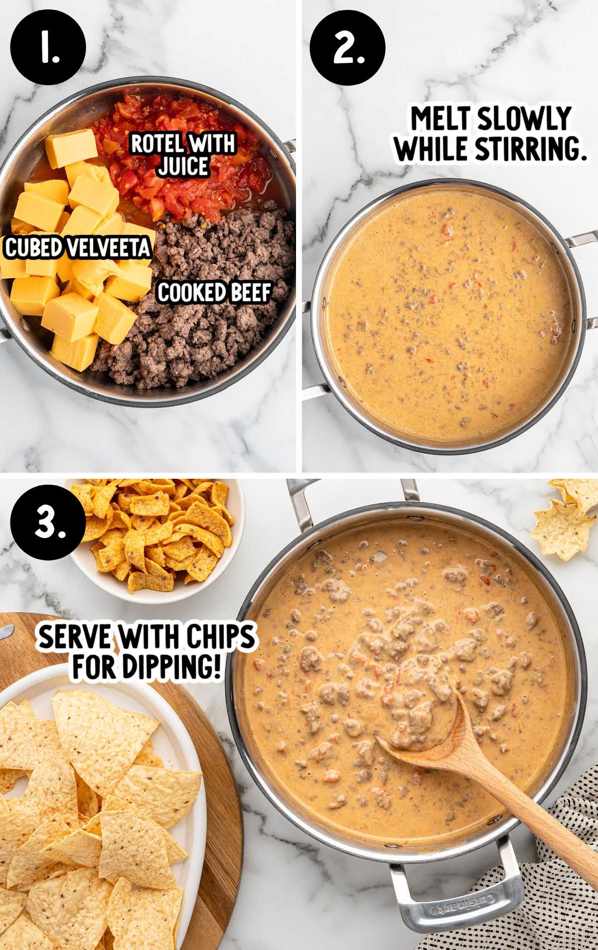 Step-by-step collage showing how to make Rotel dip with Velveeta, Rotel, and cooked beef in a saucepan.