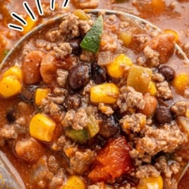 Vertical image of taco soup with a ladle full of soup held over the pot; text overlay reads “The Best Ever Taco Soup – So filling & so easy to make!”