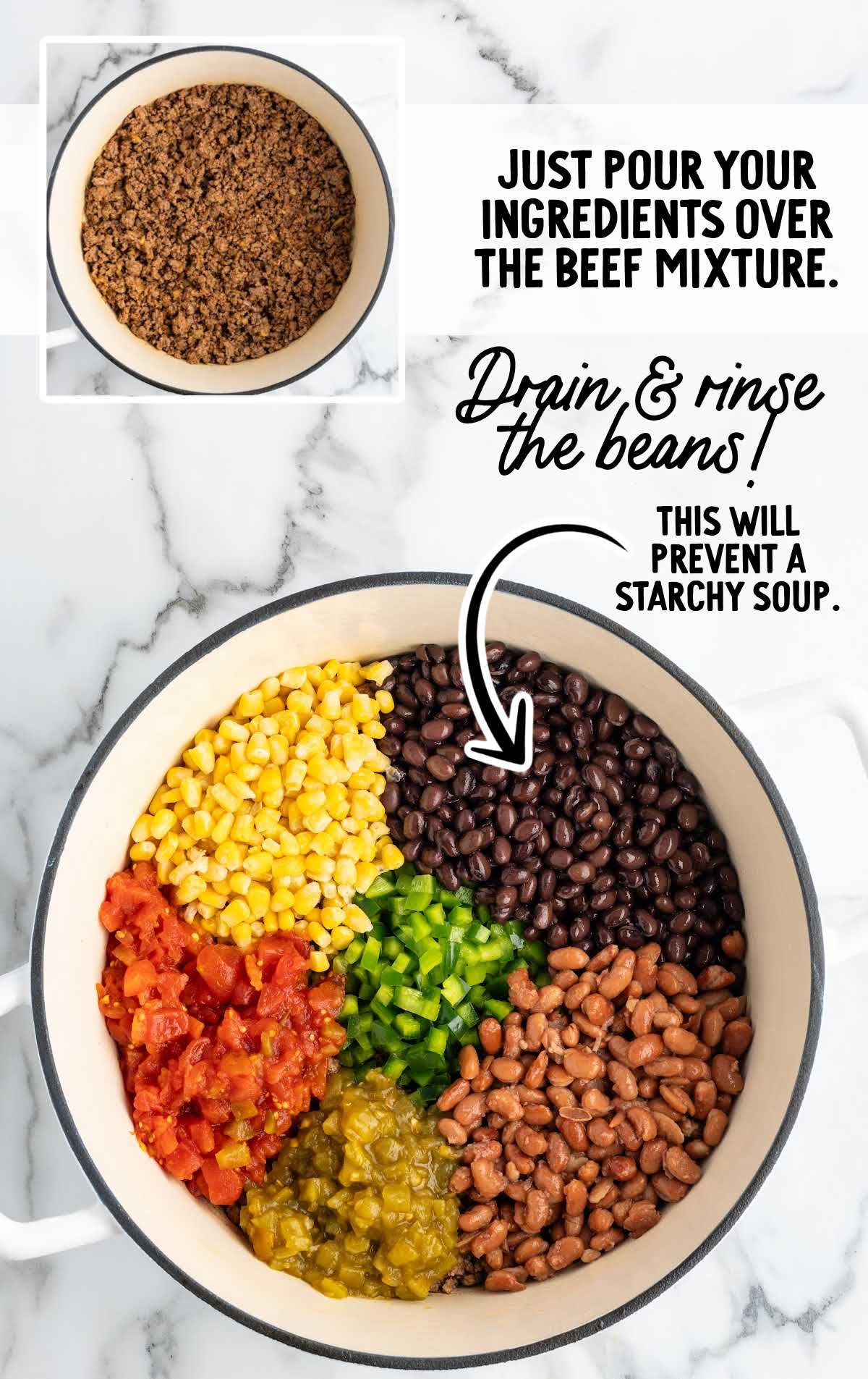 Split image showing cooked ground beef on the left and beef topped with canned and fresh ingredients like beans, corn, green pepper, and tomatoes on the right with instruction text.