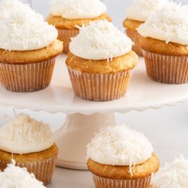 Coconut Cupcakes on a cake stand