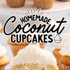 Coconut Cupcakes on a cake stand and a Coconut Cupcake topped with frosting a coconut flakes with a bite take out