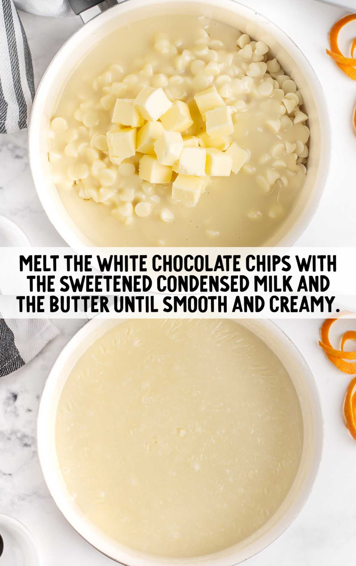 white chocolate chips, milk and butter combined until smooth and creamy
