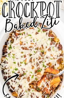 overhead shot of crockpot baked ziti in a crockpot with melted cheese on top