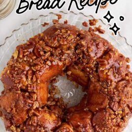 overhead shot of Bread topped with glaze and pecans