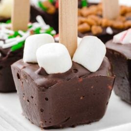 close up shot of Hot Chocolate on a stick decorated with mini marshmallows, sprinkles, crushed peppermint, and white chocolate on a serving tray
