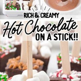close up shot of Hot Chocolate on a stick decorated with mini marshmallows, sprinkles, crushed peppermint, and white chocolate