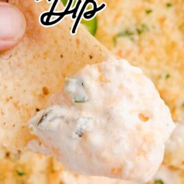 close up shot of a chip dipped into Jalapeno Popper Dip