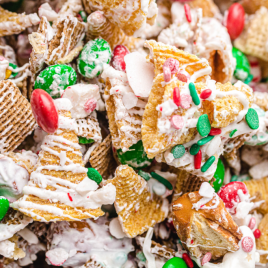 close up shot of christmas chex mix