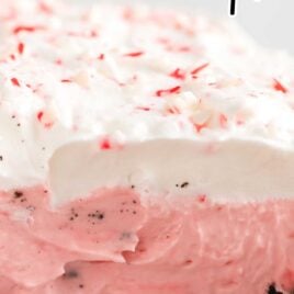 close up shot of candy cane pie garnished with crushed candy canes in a pie pan