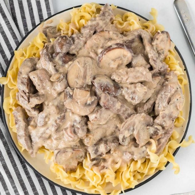 close up overhead shot of a bowl of Beef Stroganoff