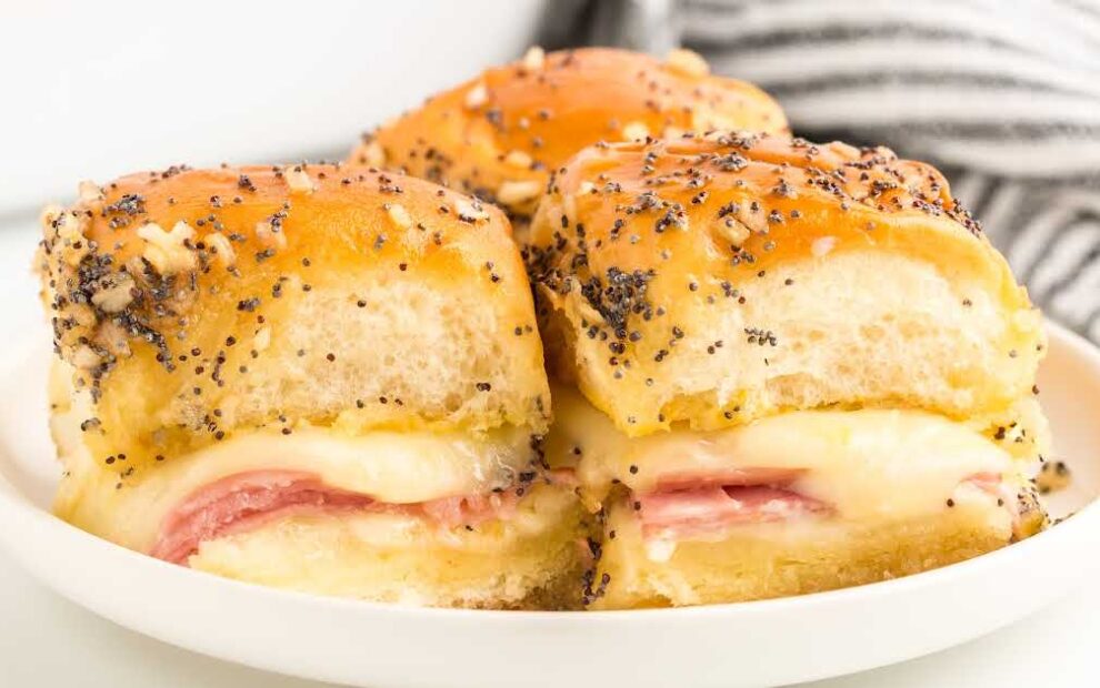 close up shot of a plate of Ham and Cheese Sliders