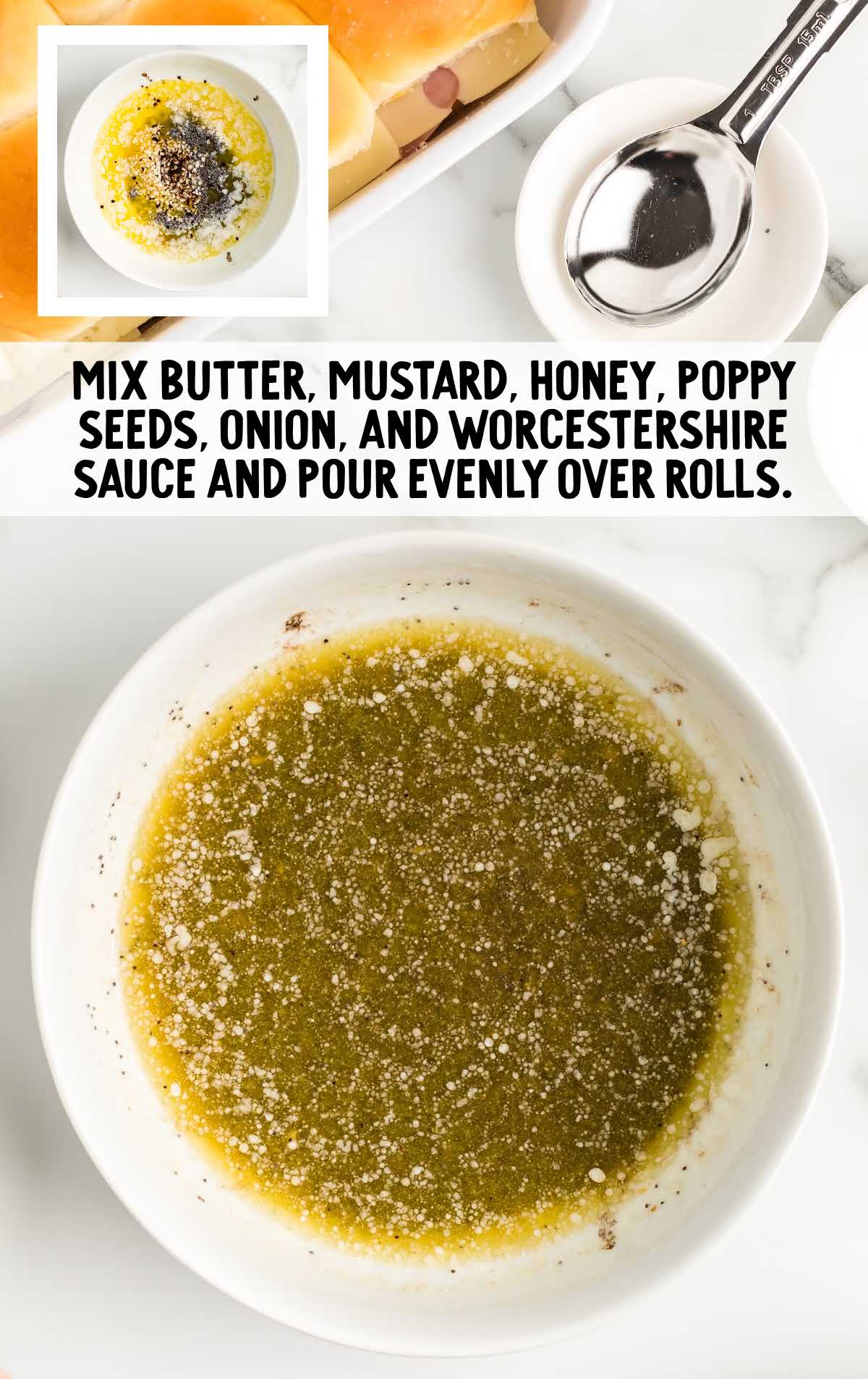 butter, mustard, honey, poppy seeds, onion, and Worcestershire sauce mixed in a bowl