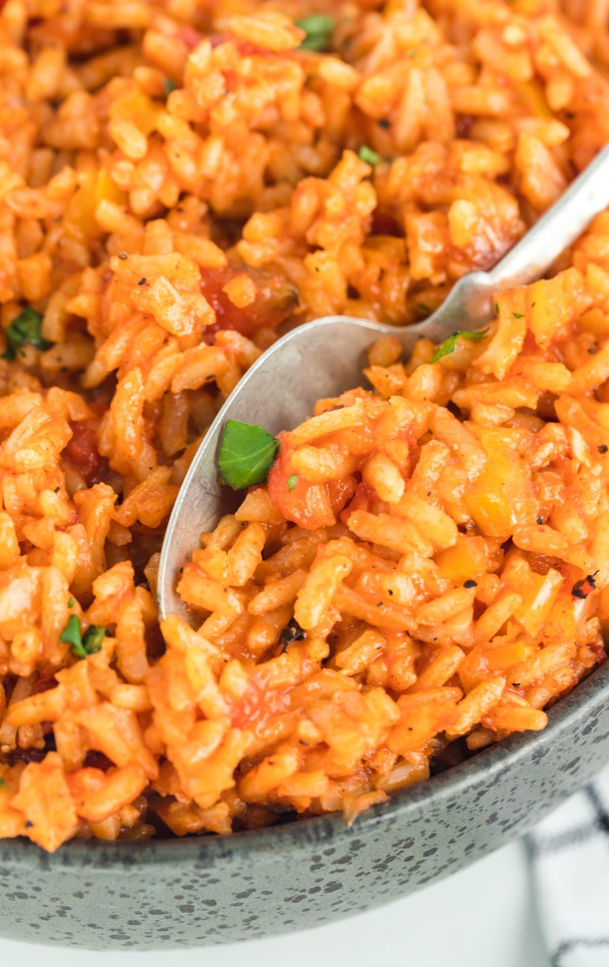 close up shot of a bowl of Spanish rice with a spoon