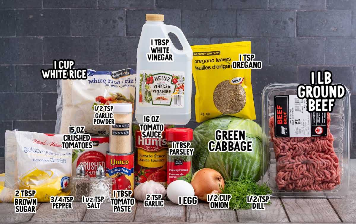 ingredients for cabbage rolls including ground beef, green cabbage, rice, tomato sauce, vinegar, egg, onion and seasonings