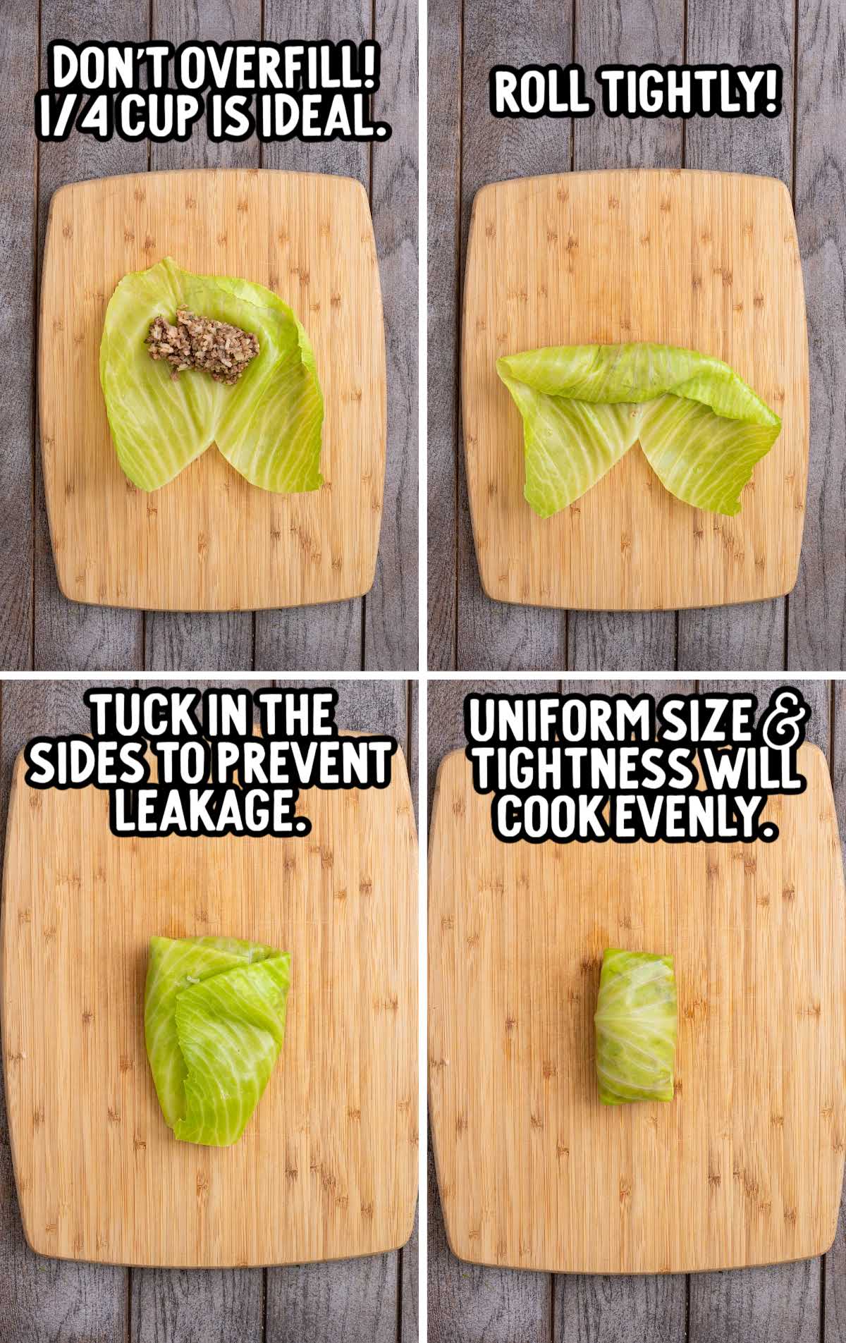 step by step rolling cabbage rolls with filling tucked and rolled tight