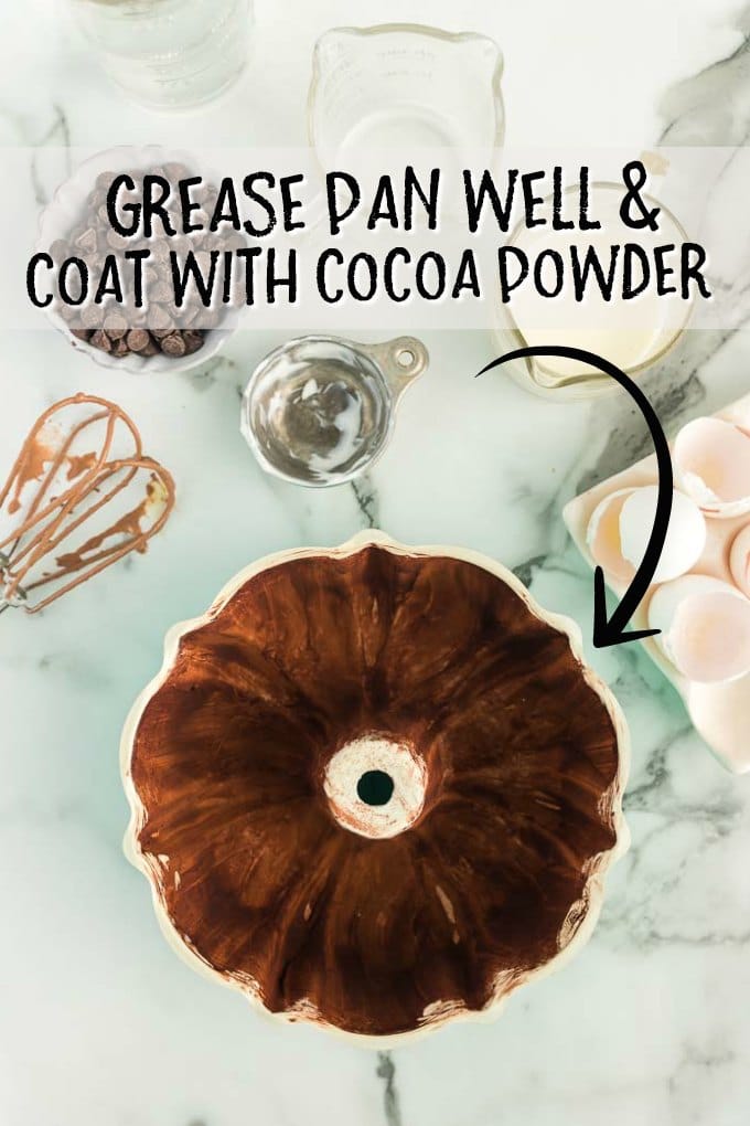 Bundt pan coated with cocoa powder