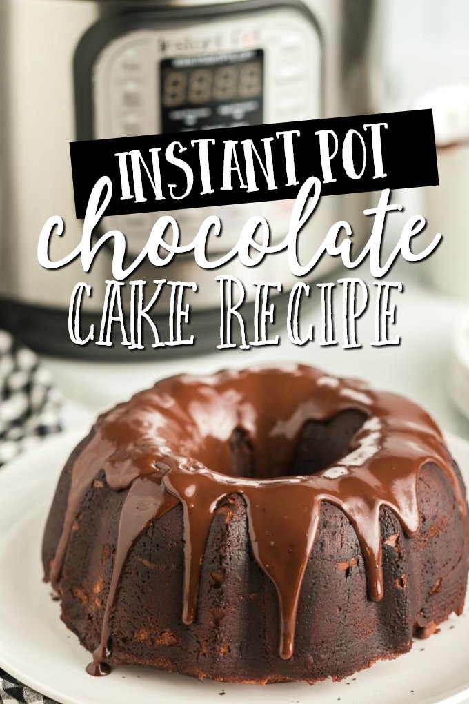 chocolate cake in front of an instant pot