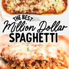 close up shot of a baking dish full of Million Dollar Spaghetti and close up shot of Million Dollar Spaghetti on a spatula