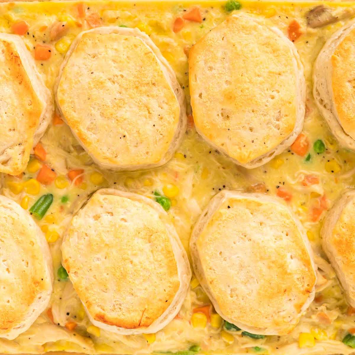 overhead shot of a casserole dish full of chicken pot pie