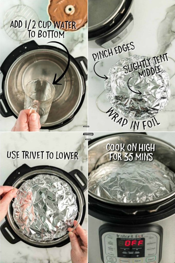 four photos showing how to make chocolate cake in instant pot