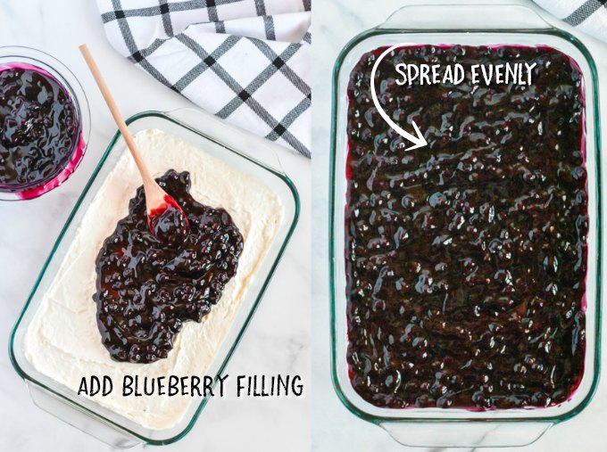 two photos showing blueberry pie filling being spread over a blueberry lasagna